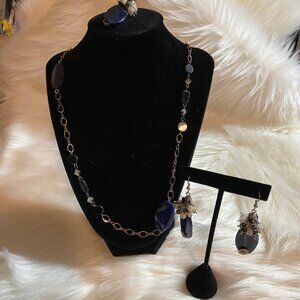 Blue Lapis Necklace Earrings Set Oval Beaded Silvertone Linked Boho Artisan